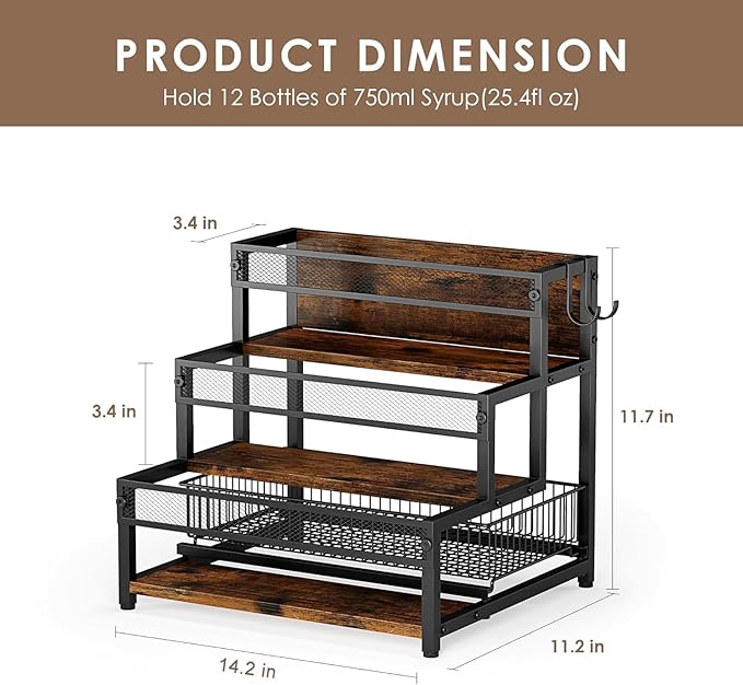 LOTEYIKE 3 Tier Coffee Syrup Rack Organizer, 12 Water Bottles Holder Stand Liquor Cabinet Storage, Wine Rack Countertop Storage Rack Coffee Bar Cabinet for Kitchen