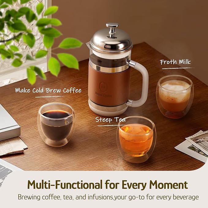 Hazel Quinn French Press Coffee Maker, 450ml / 15oz, Heat-Resistant Borosilicate Glass, 304 Stainless Steel, BPA-Free, Easy to Clean, Precision Filtration for Coffee & Tea