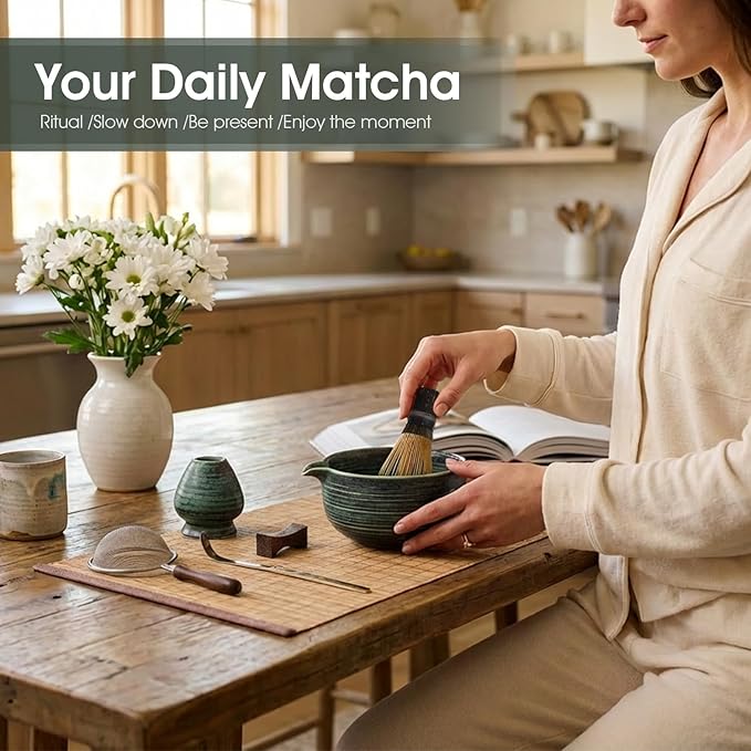 Matcha Whisk Set, 7-Piece Matcha Kit with Ceramic Bowl, Bamboo Whisk, Scoop, Sifter, Holder & Bamboo Mat – Premium Matcha Tea Set for Beginners & Matcha Lovers, Gift Ready