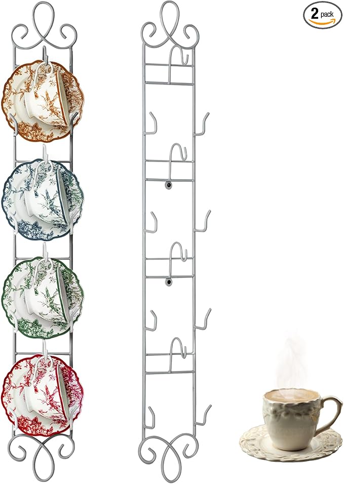 Blulu 2 Pcs Wall Mounted Tea Cup & Saucer Display Rack, 4-tier Metal Mug Holder with Plate Hangers, Decorative Wall Storage for Kitchen, Gift&Coffee Bar Display, 36'' x 5'' (White)