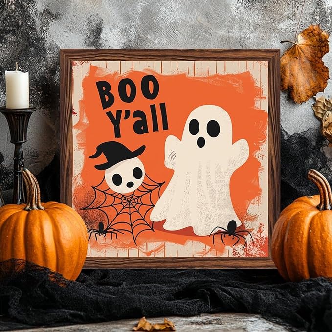 Vintage Halloween Cute Ghosts Boo Y'all Wooden Sign 7.87x7.87 Inch, Halloween Wall Art Wooden Sign For Bathroom, Cafe, Bar, Office Hanging Decor - Image 2