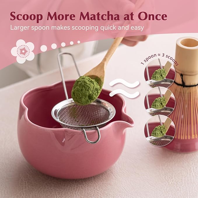 Matcha Set, 8Pcs Floral Ceramic Matcha Kit with Matcha Whisk, Holder, Scoop, Scoop Rest, Sifter, Spoon and Tea Towel - Thoughtful Matcha Whisk Set Gift for Matcha Lovers (Pink)