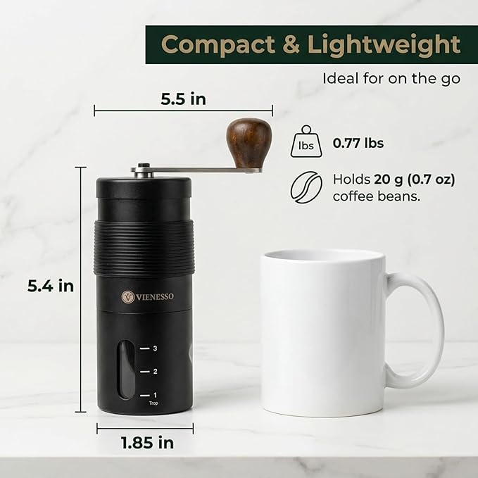 Manual Coffee Grinder with Ceramic Conical Burr - AeroPress Compatible Hand Coffee Mill with Click-Lock Stepless Adjustment | Portable Precision Molino de Cafe for Camping, Home & Travel