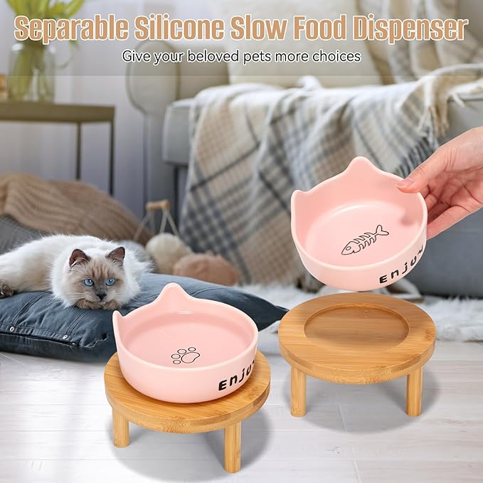 3PCS Elevated Cat Bowls,Wide Raised Ceramic Pet Dishes with Bamboo Stand, Whisker Friendly Pet Water or Food Plates Feeding Station for Indoor Small Dogs, Kitten (Pink(3PCS))