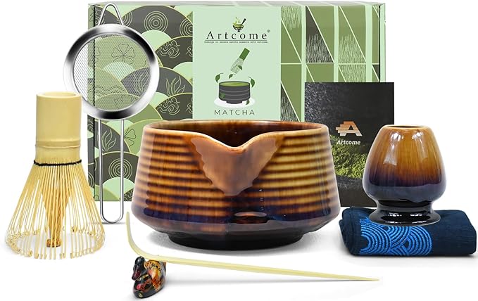 Artcome Matcha Tea Set – Japanese Matcha Kit with Bamboo Whisk, Pouring Spout Bowl, Scoop, Sifter, Holder & Manual – Ceramic & Bamboo Traditional Tea Ceremony Tools