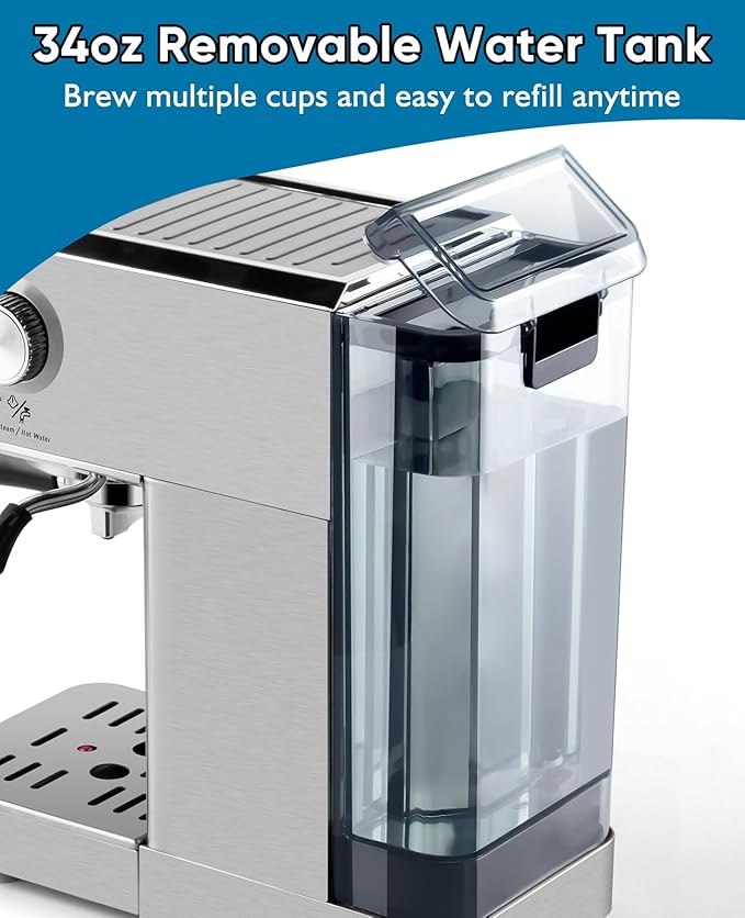 CUSIMAX Espresso Machine 20Bar Compact Coffee Machine with Powerful Steam Wand for Latte & Cappuccino, Stainless Steel Espresso Coffee Maker with 34oz Remevable Water Tank
