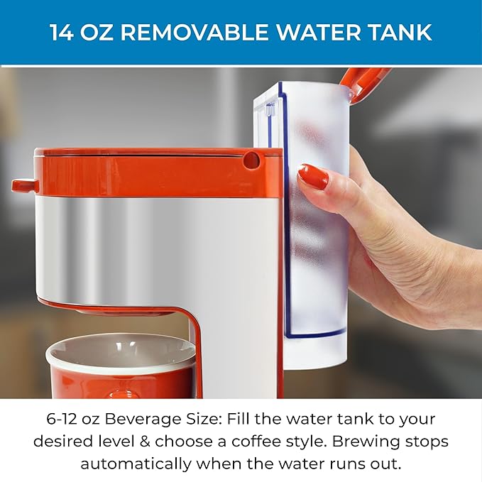 Kenmore Single Serve Coffee Maker – 6–14 Oz Brew Sizes, Compatible with Keurig K‑Cup Pods & Ground Coffee, One Cup Brewer, Travel Mug Friendly, Auto Shut‑Off, Hot & Iced maquina de cafe, Red