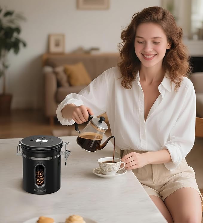 Coffee Canister with Window, 22oz Stainless Steel Airtight Container for Coffee Beans, Grounds, Tea, Sugar, Flour, Cereal - Includes Date Tracker & Scoop