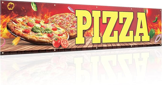 Tegeme Pizza Banner Sign for Shop Truck Decor 2x10 ft/ 24x120 Inch Pizza Party Decorations Pizza Birthday Party Supplies with 10 Grommets for Easy Hang Indoor Outdoor