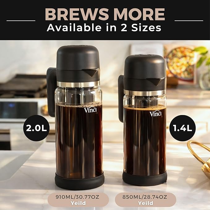 VINCI Express Cold Brew, Electric Cold Brew Coffee Maker in 10 Minutes, Glass Carafe, 3 Brew Strength Settings & Cleaning Cycle, Easy to Use & Clean 1.4 Liters Push Button Control