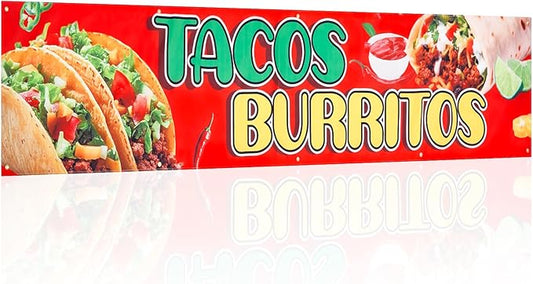 Tegeme Extra Large Tacos Burritos Banner Food Bar Oxford Fabric Display Banner with 10 Grommets for Restaurant Truck Business Snack Bar Sign, 24 x 120 Inch