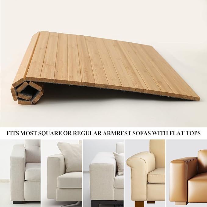 GEHE Sofa Arm Tray Table - Flexible/Foldable Couch Arm Table Perfect for Drink & Snacks Great Armrest Tray (16.5" L x 13.25" W x 0.35" H, Natural Bamboo)