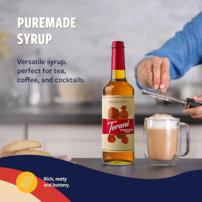 Torani Puremade Syrup, Hazelnut Flavoring for Drinks, GMO Free, Glass Bottle with Pump Included, 25.4 Fl Oz