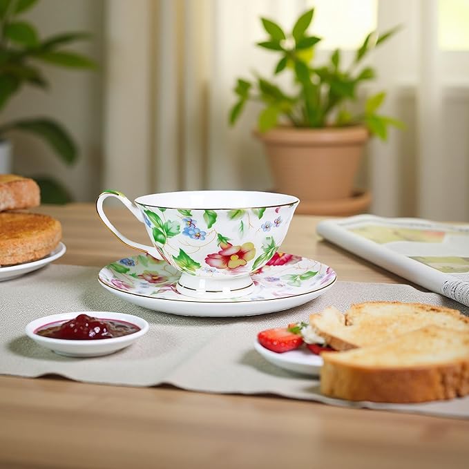 Tea cup and Saucer Set Royal Garden Style Tea Coffee Cup with Saucer 7 Ounces Bone China Teacup and saucer Set (White-Flower)