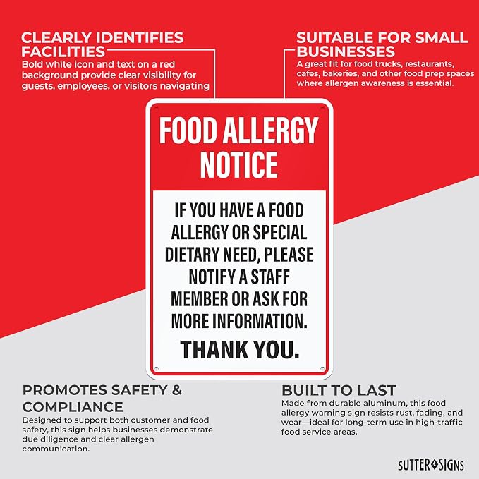 Food Allergy Notice Sign for Restaurants, Food Trucks, Cafes, Aluminum Safety Notice Sign, 12" x 8" - Image 4