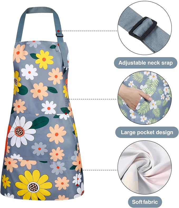 BOUMUSOE 3 Pack Floral Aprons with Pocket, Blooming Womens Aprons | Waterproof Adjustable Cooking Aprons for Kitchen Gardening and Salon - Image 4