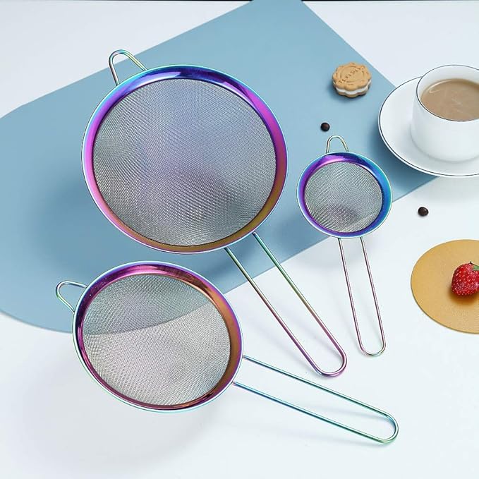 Rainbow Fine Mesh Strainer 3 Pieces Set, Colorful Flour Sifter For Baking, Stainless Steel Clander, Mutil-Color Matcha Tea Strainer, Gravy Separator, Stasher Sieve Pasta Strainers