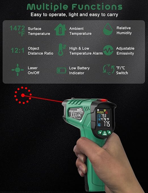 Infrared Thermometer Gun,SQECH Laser Thermometer Gun -58℉～1472℉(-50℃～800℃),Temperature Gun with Ambient Temperature&Humidity/Adjustable Emissivity/Color Backlight for Cooking, Oven,Engine,HVAC