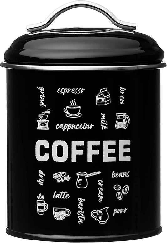 Amici Home Coffee Fix Metal Coffee Canister | Black Metal Storage Container with Handles | 36 Ounce Capacity | Coffee Canister with Lid for Kitchen Countertop