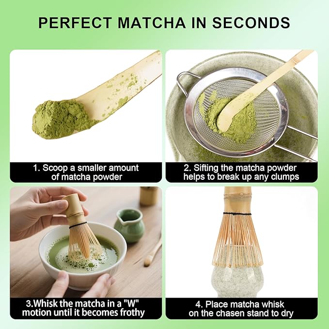 Matcha Whisk Set, 4-Pack Matcha Kit Accessory with 100-Prong Handmade Bamboo Chasen Wisk Mixer, Scoop, Spoon, and Sifter, Perfect for Making Ceremonial Macha Tea, Gift for Mocha Lovers
