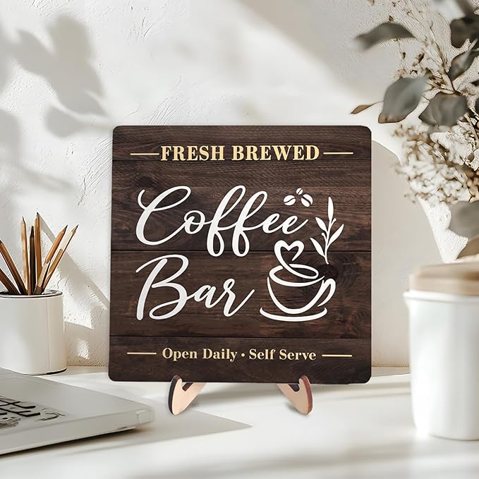 Coffee Bar Sign Plaque, Rustic Wooden Tabletop Plaque with Stand, Vintage Farmhouse Café Counter Sign for Kitchen Coffee Station, Fresh Brewed Mini Bar Decor 5.9x5.9inch