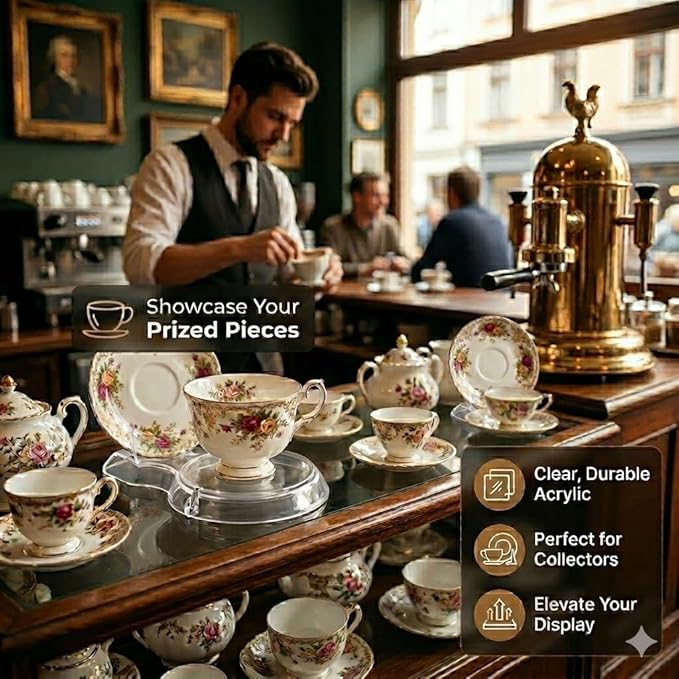 HOHIYA 12 Pcs Clear Acrylic Tea Cup and Saucer Display Stand Set Stackable Teacup Holder Rack for China TeaCups Coffee Mugs and China Dish Display Organizer