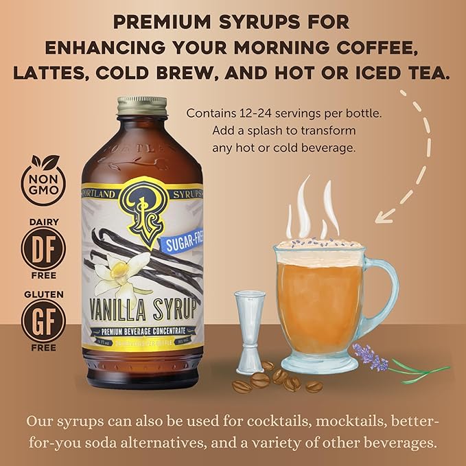 Portland Syrups Sugar-Free Vanilla Syrup - Smooth Creamy Classic Vanilla for Lattes, Cold Brew, Iced Tea, Smoothies, Desserts, No Artificial Aftertaste, 12 oz Bottle, 24 Servings Pack of 1