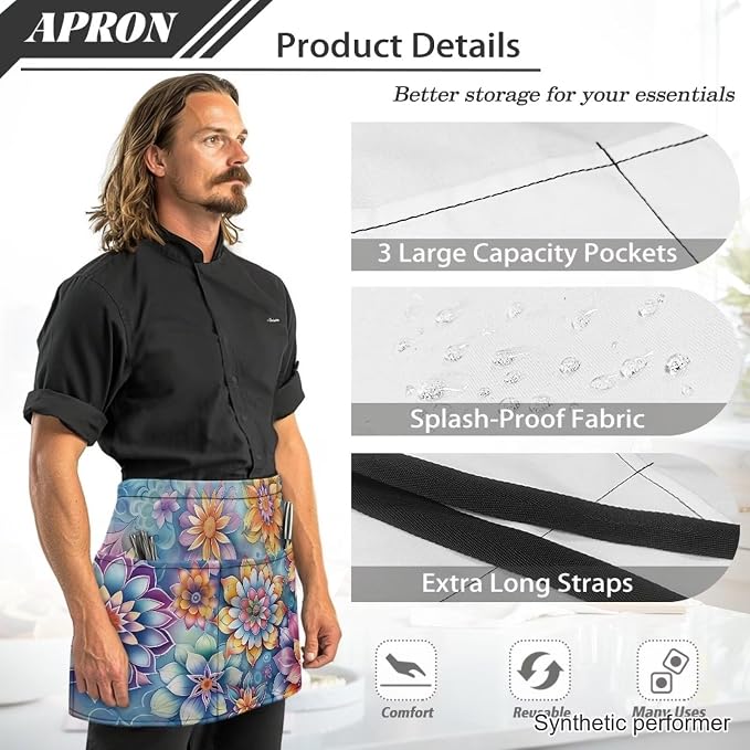 Server Apron with 3 Pockets 13 Inch Short Half Waist Aprons Waterproof Cooking Aprons for Women Men - Image 6
