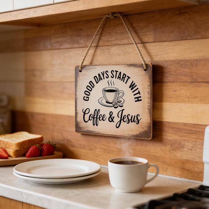 Coffee Signs, Good Days Start with Coffee and Jesus Sign, Wood Farmhouse Wall Sign Bar Decor for Kitchen, Home, Office, Cafe Station Housewarming Gift - Image 6