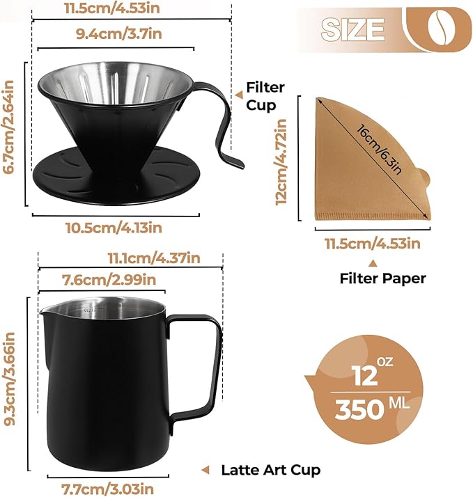 Pour Over Coffee Maker 350ml Milk Frothing Pitcher 304 Thickened Stainless Steel Drip Coffeemaker Set with 50pcs V60 Cone Paper Filters Hand Brew Dripper Carafe for Home Camping Travel 12oz