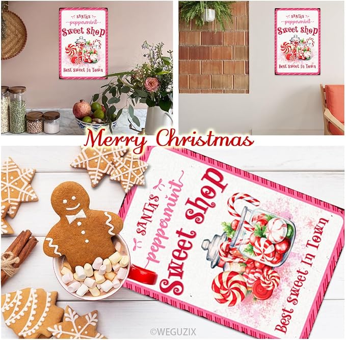 Santa's Peppermint Sweet Shop Christmas Metal Sign Pink Red Christmas Vintage Print Art Poster 12" x 8" Aluminium Hanging Plaque for Home Kitchen Patio Yard Cafe Coffee Bar Wall Decor - Image 3