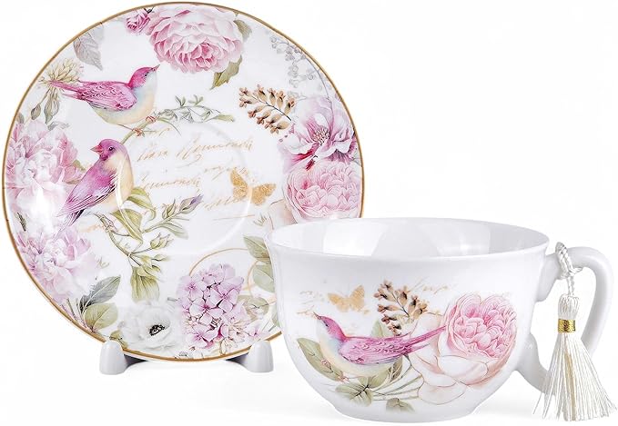 STP GOODS Bone China Tea/Coffee Cup and Saucer in Gift Box Fine Set of One (Birds in Rose Garden)