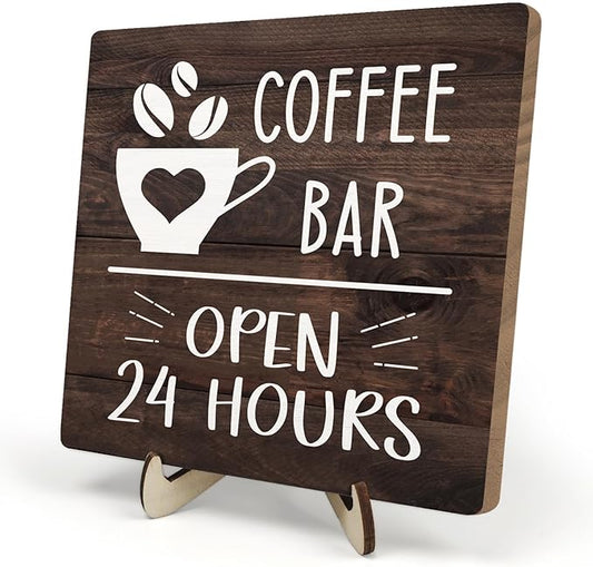 Coffee Bar Sign Plaque Decor, Vintage Farmhouse Kitchen Counter Sign for Coffee Station Kitchen Office,Cafe Bar Accessories, Open 24 Hours Mini Bar Decor(Brown4, 5.9x5.9inches)