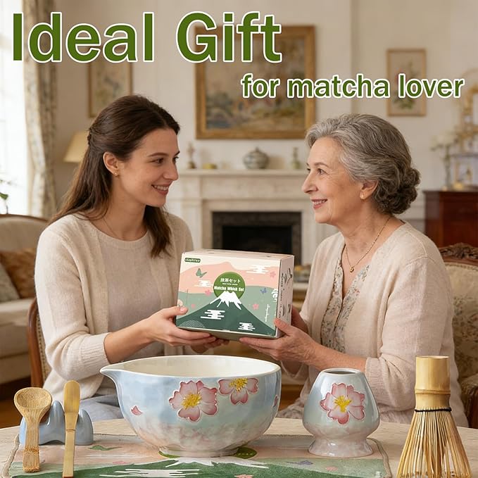 Clay&Fire Matcha Whisk Set，9 Pcs Ceramic Matcha Set, 15 OZ Matcha Bowl with Spout and Whisk，Matcha Kit for Friend, Ideal Gift for Matcha Lover（Cherry Bloom）