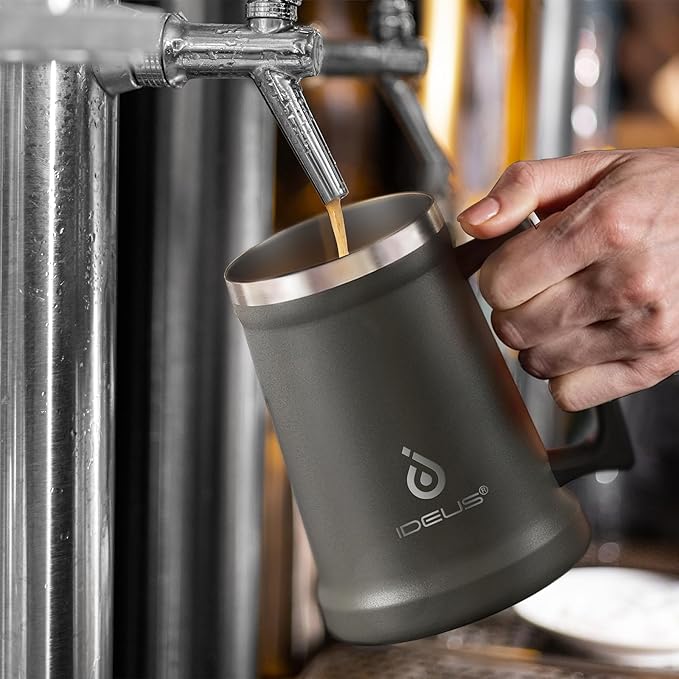 Ideus Insulated Beer Stein, 24/32oz Stainless Steel Double Walled Beer Mug Giant Bar Drinkware Metal Beer Cup with Big Grip Handle (Grey, 34 ounces (1,000ml))