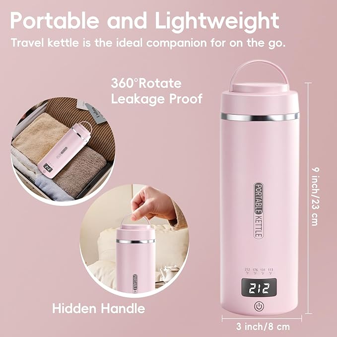 Travel Kettle, Portable Electric Kettle with 4 Temperature Controls, 304 Stainless Steel with Auto Shut-off & Leak Proof, Pink (120V)