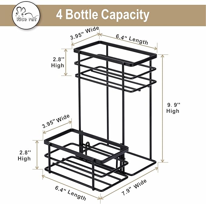 Rice rat Coffee Syrup Organizer Rack, (4 Bottle Capacity),2 Tier Coffee Syrup holder for Coffee Bar Accessories,Kitchen,Storage for Syrup, Wine, Dressing（Black）
