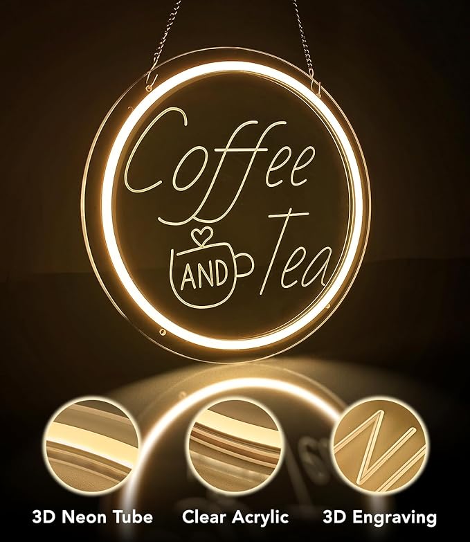 Coffee and Tea Neon Light Sign for Station Bar, Coffee & Tea Light Up Sign for Wall Decor Dimmable, Round 3D Carved Cafe LED Neon Sign for Kitchen, Shop, Home, Club Counter for Gift