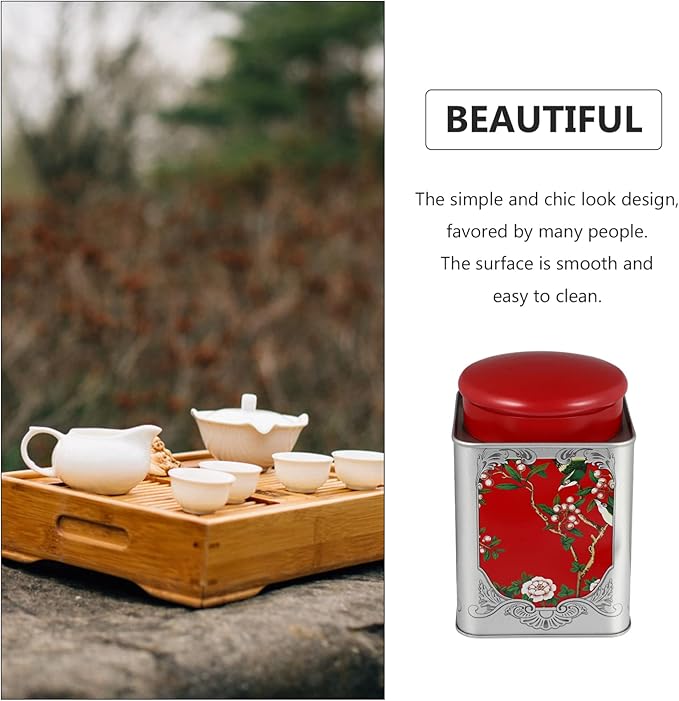 BESPORTBLE Red Tinplate Tea Canister with Airtight Double Lids - Square Sealed Storage Container for Loose Tea, Coffee, Spices, and Candy - 4.01X4.01X5.90In