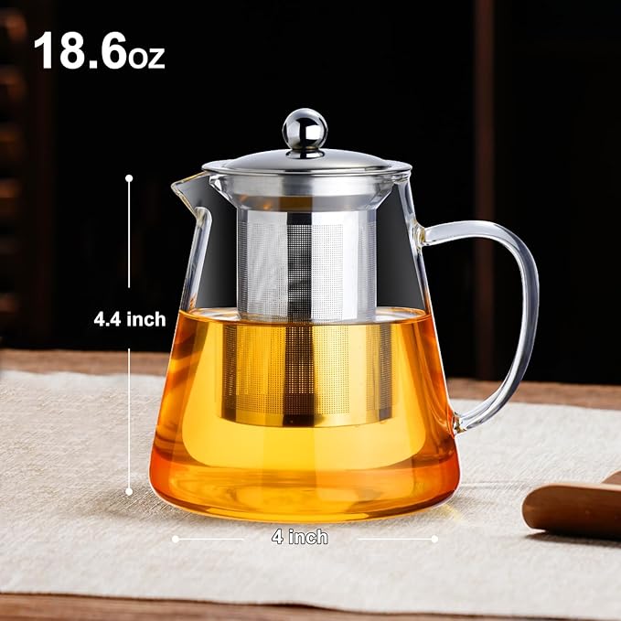 Glass Teapot 18.6oz/550ml, Tea Pot with Removable Infusers for Loose Tea, Borosilicate Glass Tea Kettle Tea Maker Stovetop for Camping, Tea Infuser for Loose Leaf Tea Travel