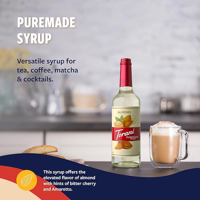 Torani Puremade Syrup, Almond Flavoring for Drinks, Glass Bottle with Pump Included, 25.4 Fl Oz