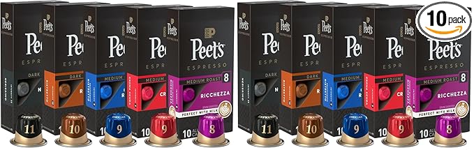 Peet's Coffee, Dark and Medium Roast Espresso Capsules Variety Pack with Decaf, Compatible with Nespresso Original Machine - Intensity 8-11, 50 Count (5 Boxes of 10 Espresso Capsules) (Pack of 2)