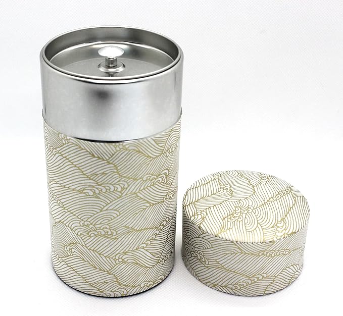 Japanese Pokkan Matcha Coffee Spice Tea Tin Canister Washi Paper Storage with Lid 7.05 oz Capacity (Kenran Nami)