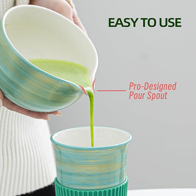 Matcha Whisk Set,7 Pcs Matcha Set Light Green,Matcha Kit for Ceremony,480Ml Ceramic Bowl(chawan) with Spout,Bamboo Whisk and Holder,Tradition Tea Set,Unique Gift