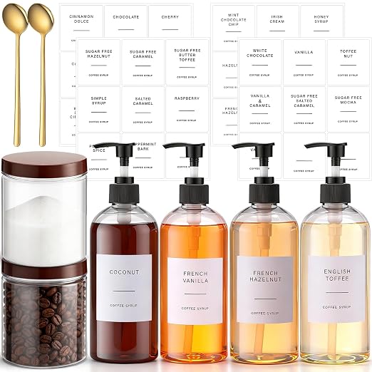 9 Pcs Coffee Syrup Dispenser Set 16.9 Oz/500 ml Plastic Coffee Syrup Dispenser Pump Bottle Pet Jar with Lids Gold Spoon and Labels for Home Bar Organization by Unknown
