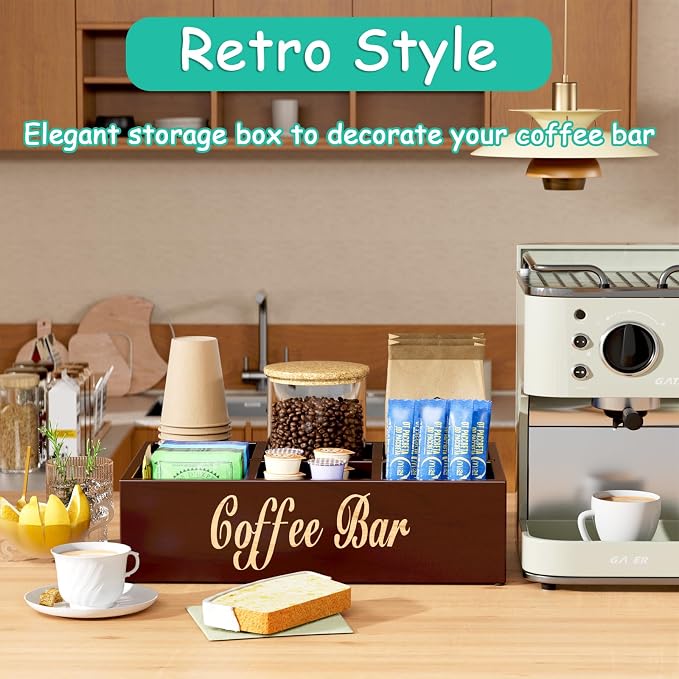 Coffee Station Organizer for Countertop, Wooden Coffee Bar Organizer with Removable Dividers, Farmhouse Coffee Pod Holder Storage Basket for Cocoa Tea Cup Dispenser, Coffee Bar Accessories Storage - Image 5