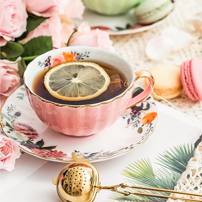 ONEUSTAR Tea Cup and Saucer Set for 2 Bone China English Tea Cup Floral Teacups Coffee Latte Mugs for Mother's Day Women Birthday Party Gifts, 8 Oz