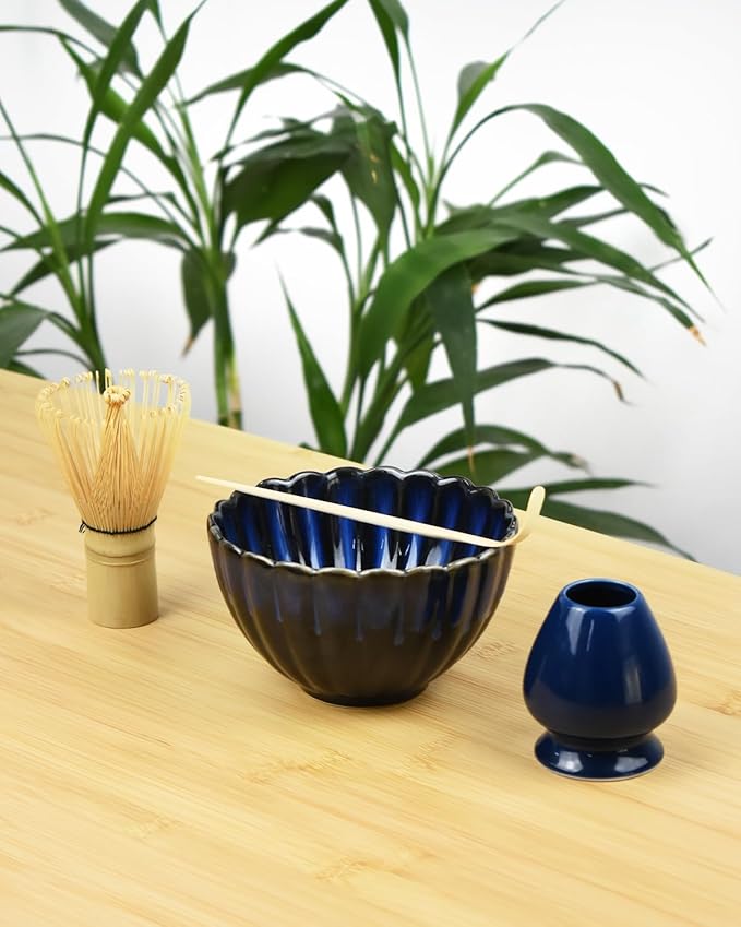 Artcome Matcha Tea Set - 17oz Petal-Shaped Matcha Bowl, Bamboo Whisk, Scoop, Whisk Holder & Brewing Guide - Japanese Tea Ceremony Tools for a Perfect Matcha Experience, Dark Blue