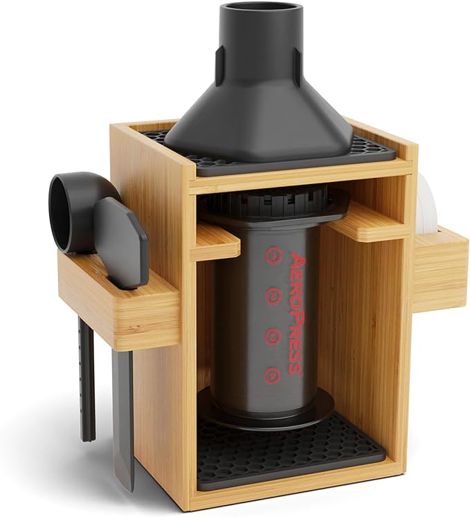 HEXNUB – Compact AeroPress Organizer Stand, Bamboo Coffee Caddy for AeroPress Coffee Maker, Accessories, Filters, Cups, Includes Mats - Black