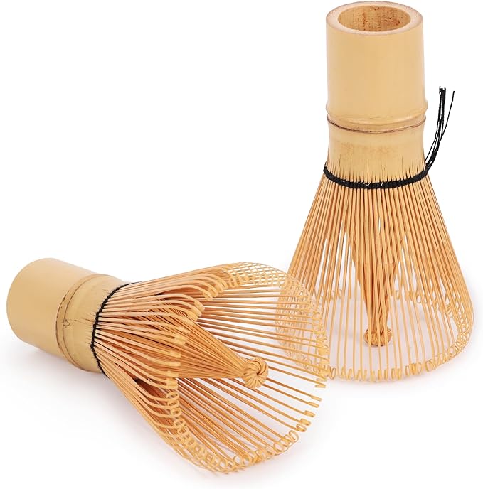 BambooMN Japanese Matcha Whisk Chasen - Traditional Handcurled 100 Tate Matcha Utensil - Natural Golden Brown - 2 Pieces